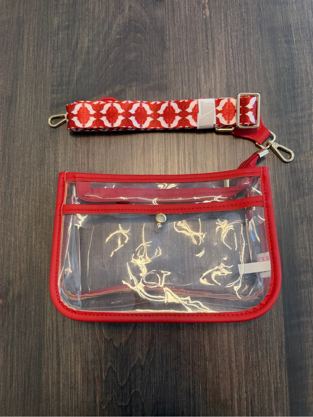 Laura Park Clear Red Trim Crossbody Bag with Patterned Strap - never used